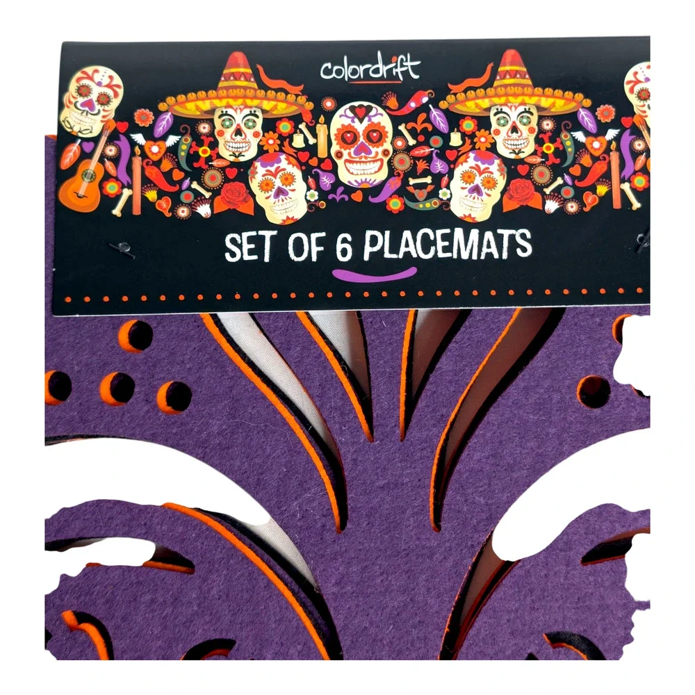 Day of the Dead Sugar Skull Purple Orange Black Felt Placemats Set‎ of 6 New